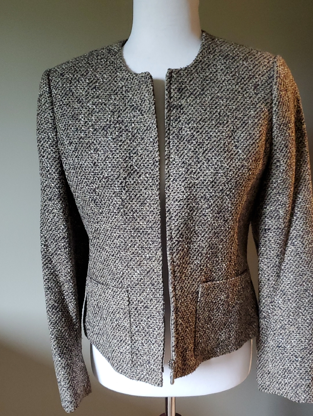 Emma James Taupe and Black Collarless Zip Jacket